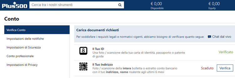 plus500 verifica conto
