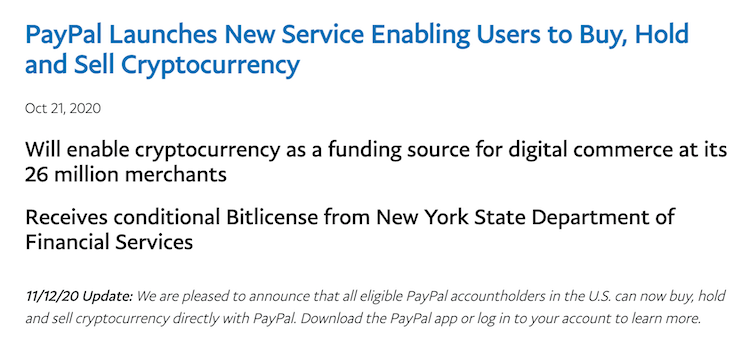PayPal lancia il trading di Bitcoin e criptovalute: ecco come funziona