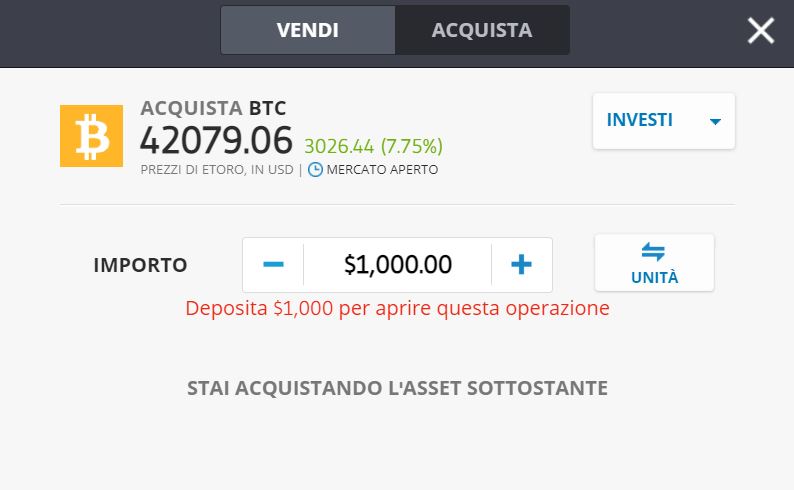 eToro aprire posizione criptovalute