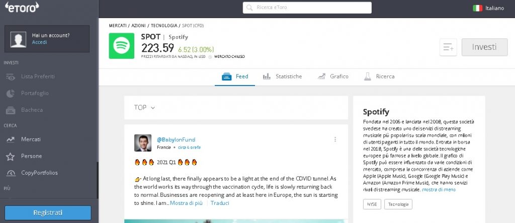 eToro comprare azioni Spotify
