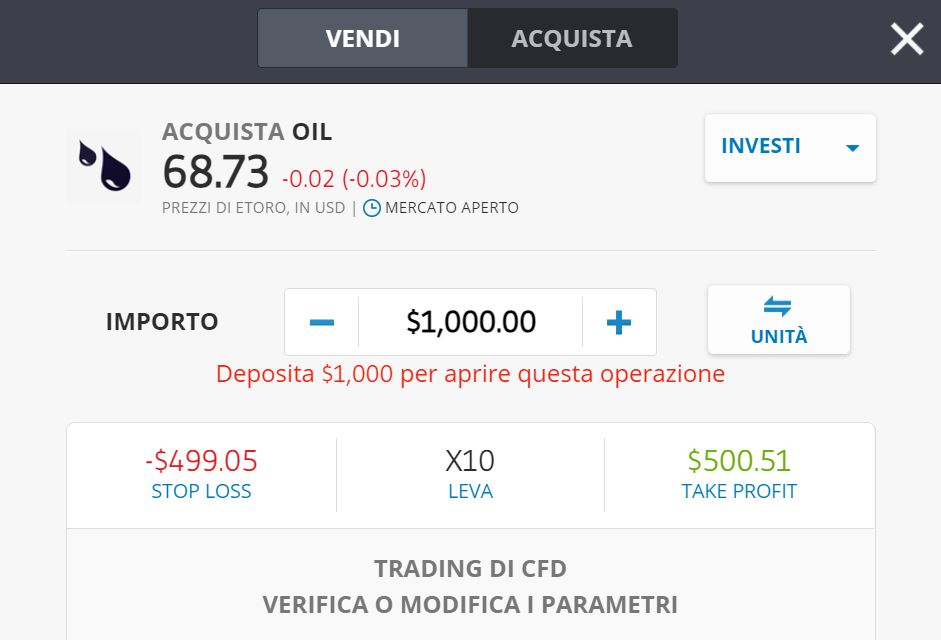 eToro CFD  - comprare petrolio in borsa