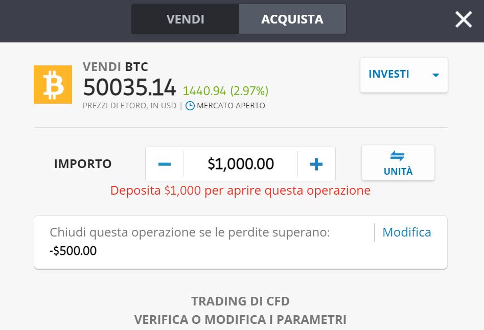 eToro CFD vendere Bitcoin