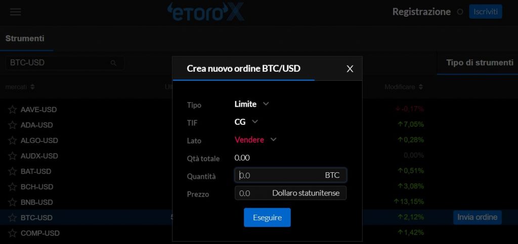 eToroX Vendere Bitcoin