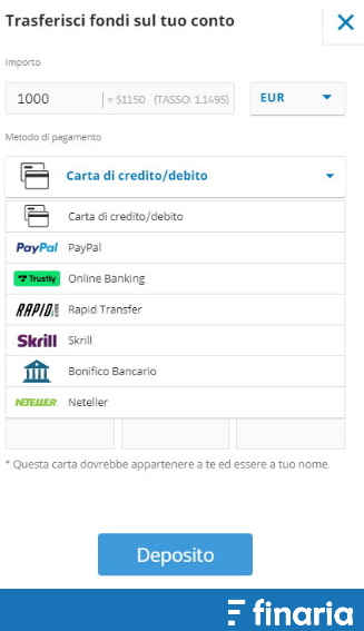 eToro metodi pagamento deposito