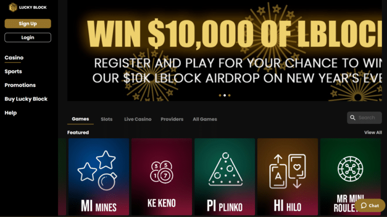 Comprare Bitcoin e giocare sul casinò Lucky Block - homepage