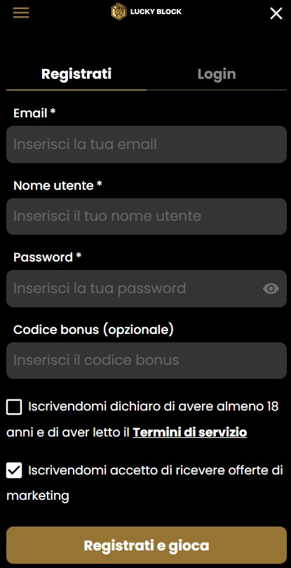 registrazione con Lucky Block