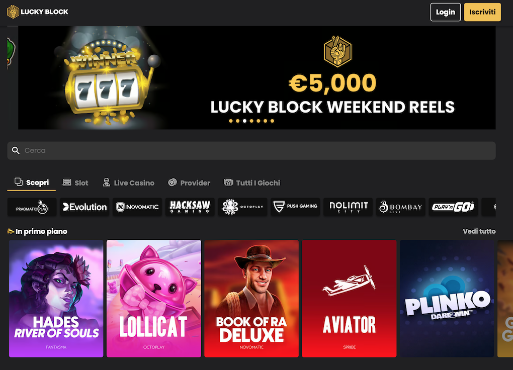 Homepage del casinò che accetta Bitcoin: Lucky Block