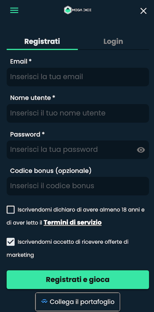 tutorial per registrarsi su Mega Dice Casino