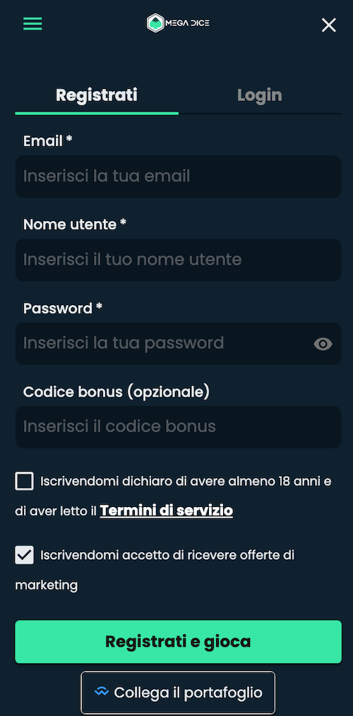 tutorial registrazione sul casino europeo mega dice