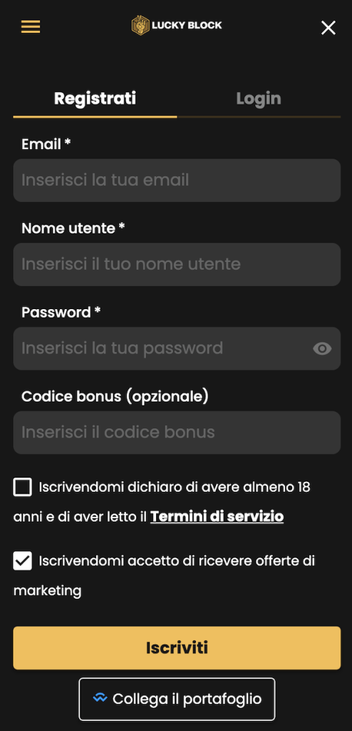 Registrazione di Lucky Block