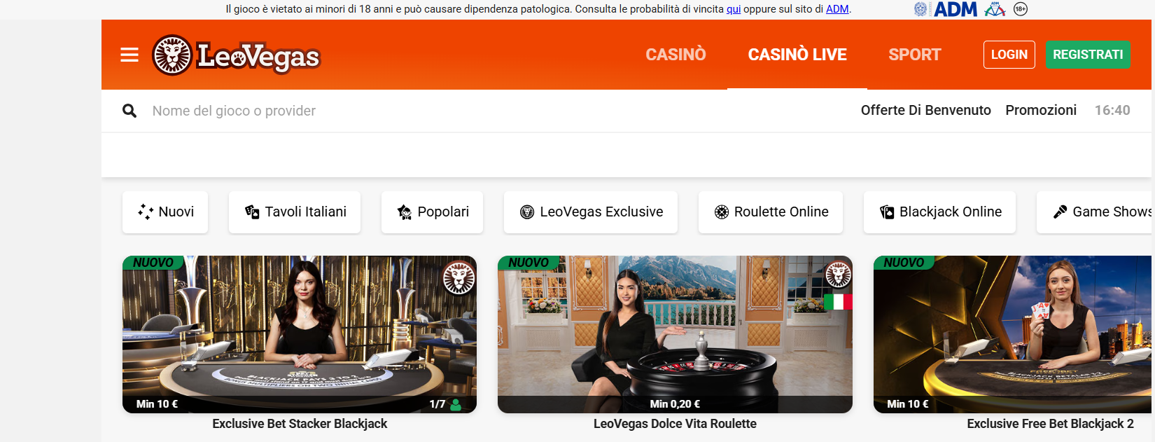 LeoVegas Catalogo Giochi Live