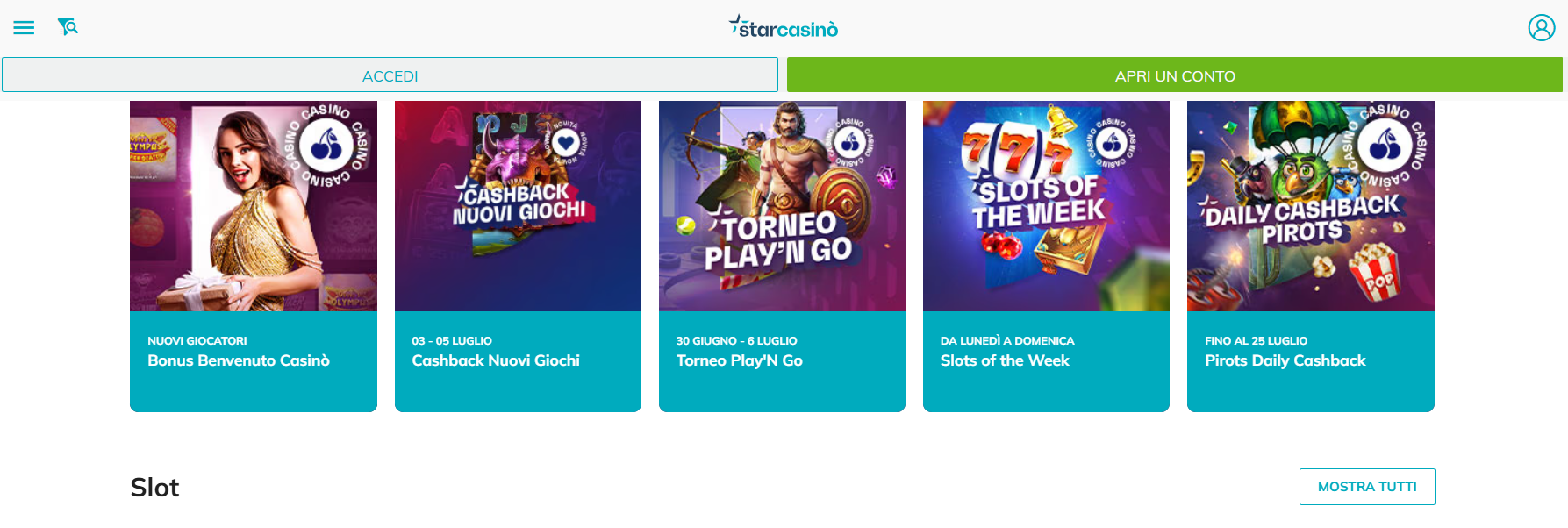 Starcasino home page - Slot e Bonus