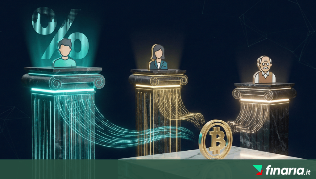 Illustrazione 3D che visualizza dati demografici: tre piedistalli di altezze diverse (il più alto a sinistra per i giovani) che rappresentano diverse fasce d'età, con flussi di dati che convergono verso un emblema centrale di Bitcoin su marmo italiano.