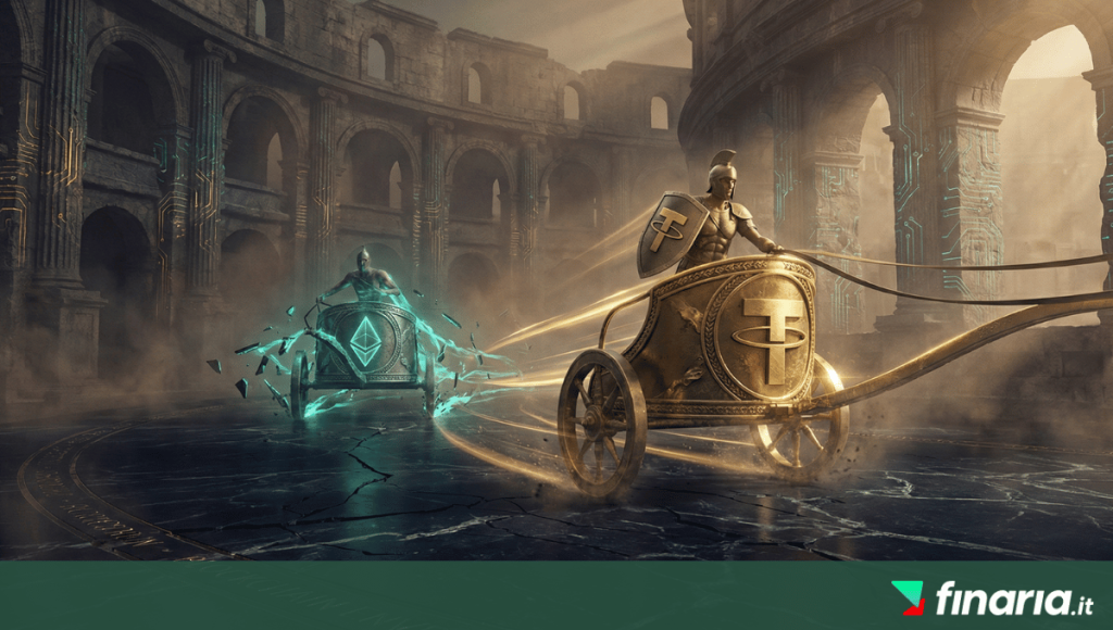 Corsa di bighe 3D nel Colosseo: il carro dorato di Tether è in testa mentre il carro teal di Ethereum si frammenta tra rovine e luci.