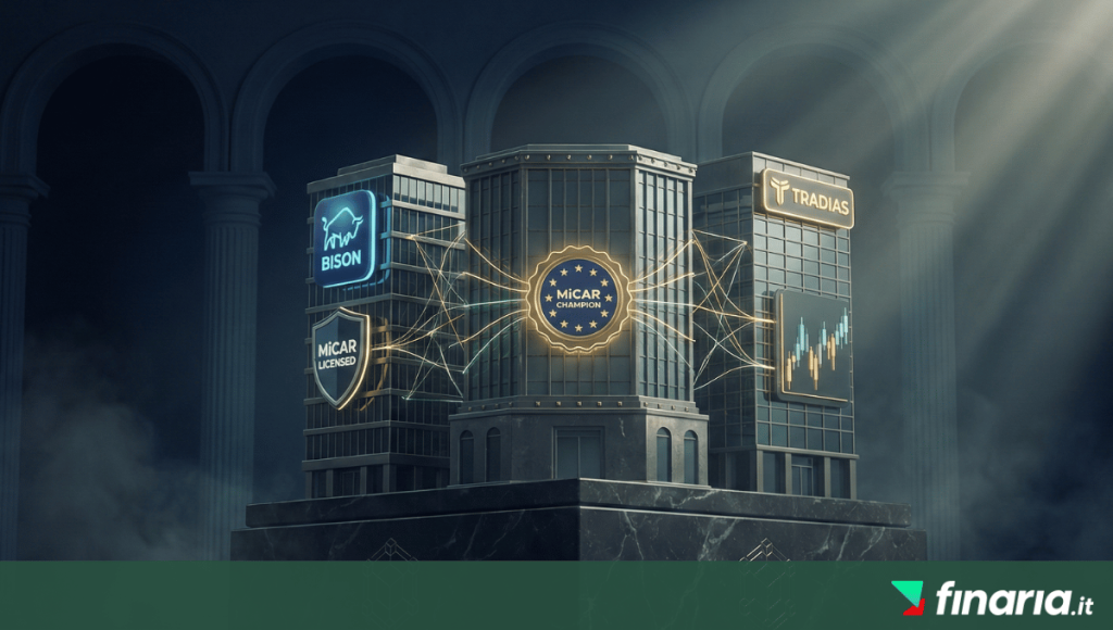 Illustrazione 3D che mostra due edifici aziendali, uno con i loghi 'BISON' e 'MiCAR LICENSED' e l'altro con il logo 'TRADIAS', che si uniscono per formare un edificio centrale con un sigillo dorato 'MiCAR CHAMPION', collegati da una rete luminosa.