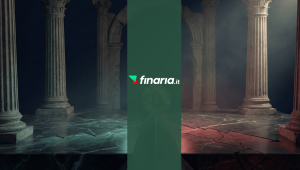 Moneta Bitcoin 3D in equilibrio su una linea tra zone verdi e rosse, con un grafico di prezzo e la Federal Reserve sullo sfondo.
