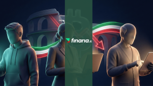 Illustrazione 3D stilizzata che mostra tre profili generazionali (giovane con smartphone, professionista con laptop, anziano con tablet) su uno sfondo blu scuro con un logo Bitcoin trasparente, una freccia rossa discendente e un richiamo al tricolore italiano.