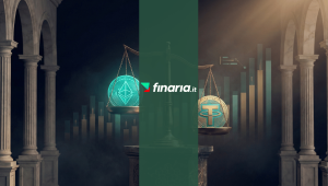 Bilancia 3D su marmo scuro: una moneta Tether d'oro pesa più di una moneta Ethereum teal, con dati di capitalizzazione sullo sfondo.