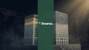 Due moderni edifici aziendali si fondono su un piedistallo di marmo scuro, collegati da una rete luminosa dorata, con bandiere di Germania e UE visibili sulla facciata.