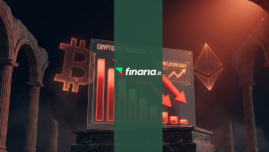 Grafico 3D con barre rosse di deflusso per Crypto ETP e dati CPI in rialzo. Loghi Bitcoin ed Ethereum sbiaditi sullo sfondo.