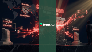Illustrazione 3D: cubo di marmo esplode con luce rossa. Testo "$2,1 MILIARDI RUBATI 2025" da Lazarus Group e hacker.