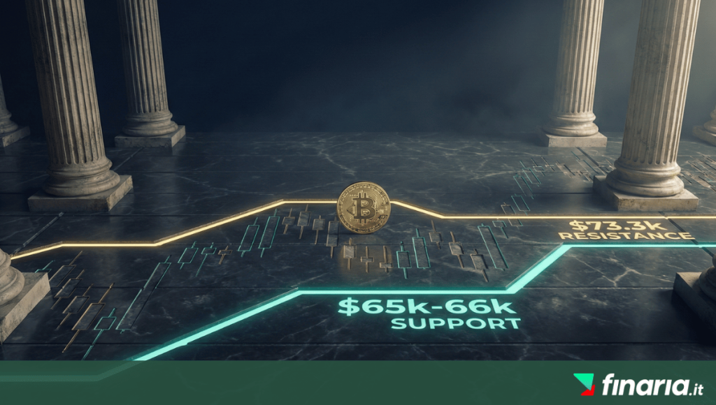 Illustrazione 3D di un grafico finanziario di Bitcoin che mostra livelli di supporto a $65k-66k e resistenza a $73.3k, con una moneta fisica.