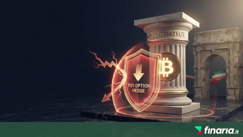Illustrazione 3D di una colonna MicroStrategy con Bitcoin, protetta da uno scudo rosso