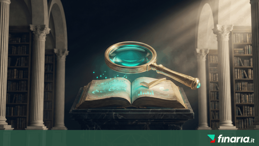 Illustrazione 3D di una lente d'ingrandimento su un libro antico su un piedistallo di marmo, che rivela dati verificati e un segno di spunta, in una biblioteca classica italiana.