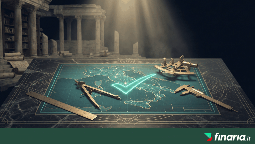 Illustrazione 3D di un insieme di strumenti di navigazione di precisione classici (bussola, sestante, riga, calibro) su un tavolo da disegno di marmo scuro, disposti su una mappa blueprint luminosa dell'Italia con un grande simbolo di spunta luminoso teal. Sullo sfondo si vedono rovine di una biblioteca romana classica.