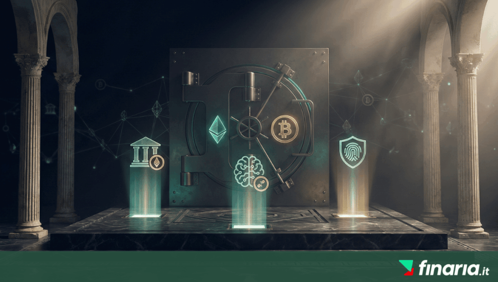 Illustrazione 3D di un caveau con simboli Bitcoin ed Ethereum, e tre icone luminose davanti: una banca, un cervello AI e un'impronta digitale con scudo.