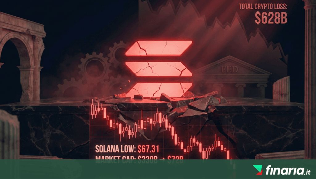 Illustrazione 3D drammatica con il logo Solana rosso e crepato su una piattaforma di marmo che si sgretola. Un grafico ribassista mostra il minimo a $67.31 e il market cap in calo a $72B, con la FED sullo sfondo.