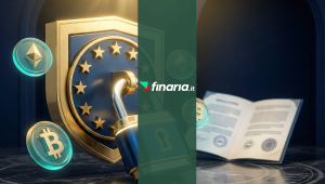 Illustrazione 3D in stile editoriale che mostra un lucchetto digitale oro e blu che blocca un emblema dell'Unione Europea, circondato da icone di Bitcoin ed Ethereum e un documento normativo sfocato sullo sfondo.