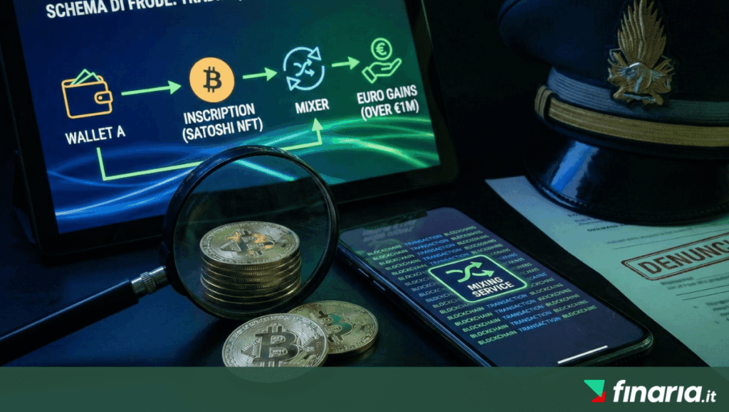 Tablet con schema di frode crypto (trading, inscription, mixing), smartphone con app mixing service, Bitcoin con lente d'ingrandimento, cappello GdF e denuncia su scrivania.