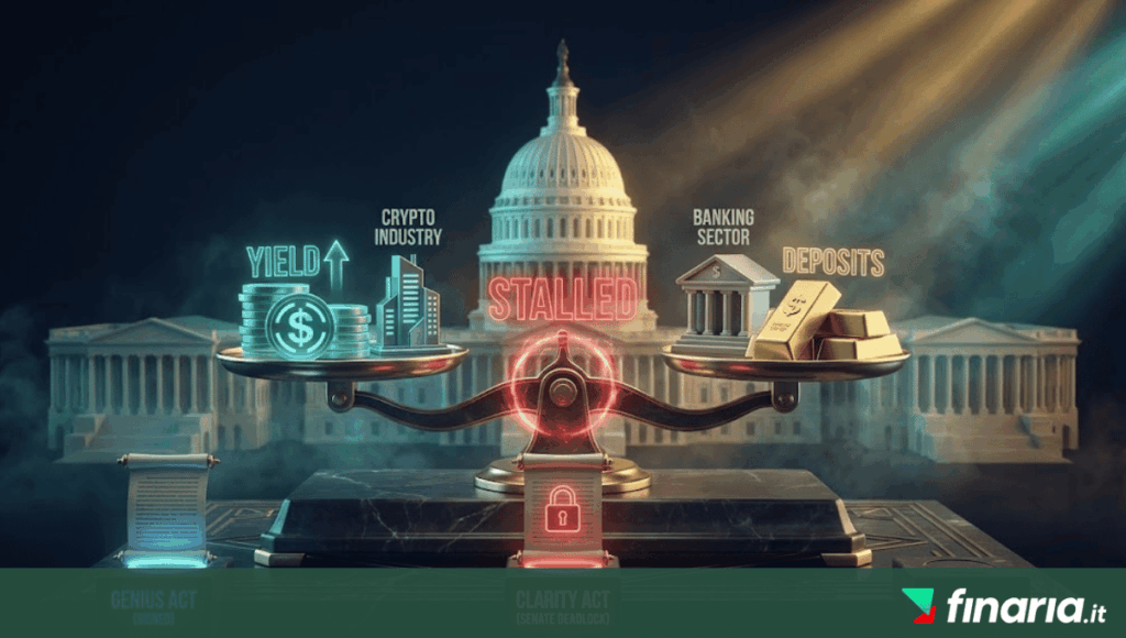 Bilancia 3D in stallo al Campidoglio tra industria crypto (rendimenti) e banche (depositi), con i documenti di legge GENIUS Act e CLARITY Act.