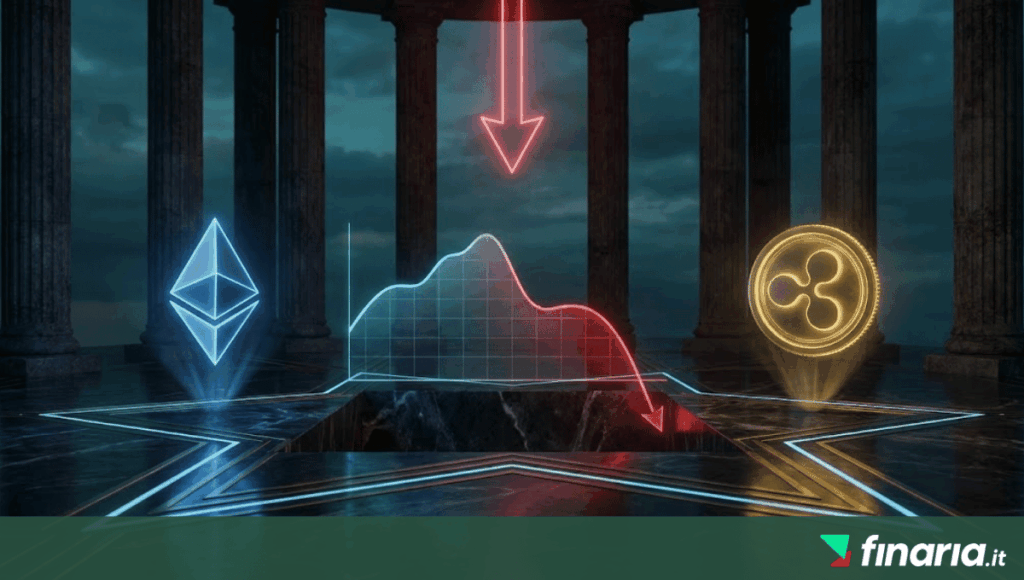 Rendering 3D dei simboli Ethereum (blu) e XRP (oro) su piattaforma di marmo, divisi da un grafico olografico con grande freccia rossa che indica un netto ribasso.