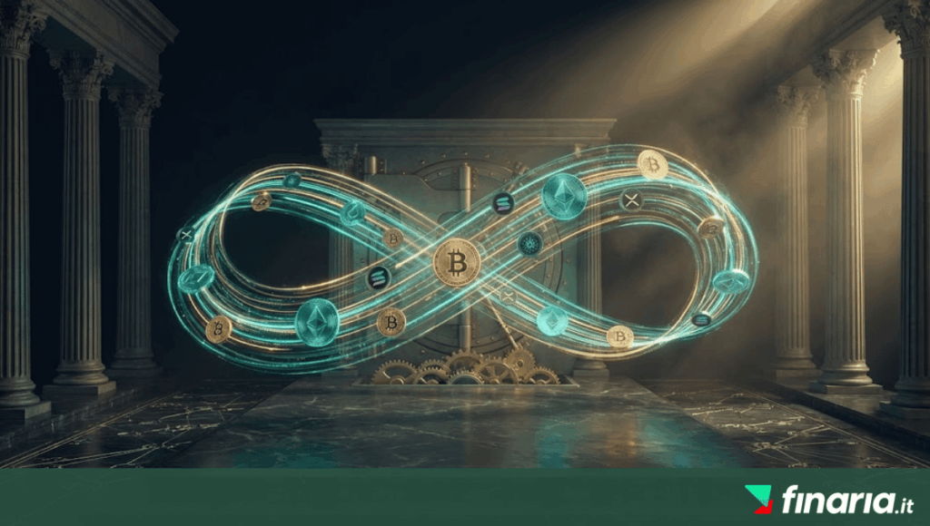 Illustrazione 3D di un simbolo dell'infinito fatto di flussi luminosi con monete Bitcoin, Ethereum, XRP e Solana che scorrono verso un caveau bancario romano su una piattaforma di marmo.