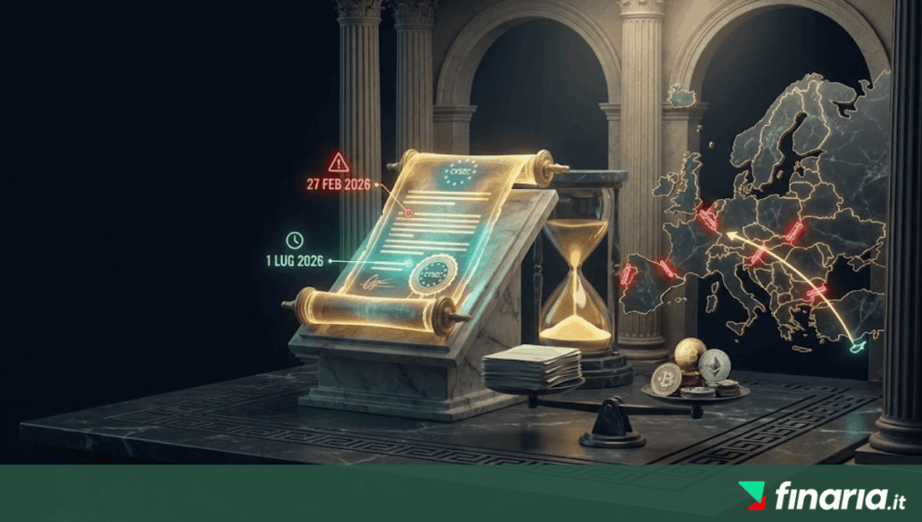Illustrazione 3D di una pergamena CySEC con date di scadenza 2026, una clessidra, una bilancia con documenti e crypto, e una mappa dell'Europa con barriere.