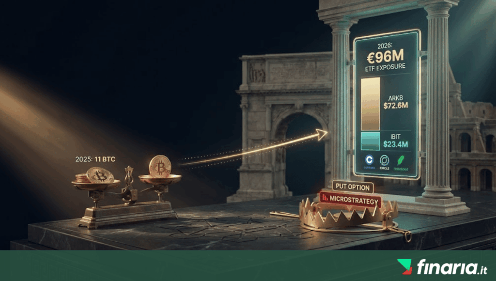 Render 3D: bilancia con Bitcoin, trappola per orsi MicroStrategy Put Option e schermo con dati ETF 2026 su sfondo architettonico romano.