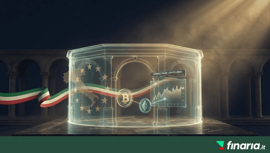 Illustrazione 3D di un arco trasparente con stelle UE che racchiude i simboli di Bitcoin ed Ethereum, un grafico finanziario con la scritta