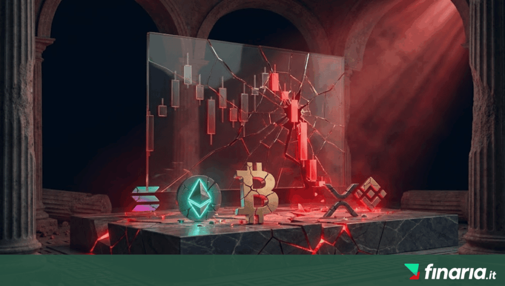 Grafico in vetro frantumato con candele rosse e simboli di criptovalute (Bitcoin, Ethereum, Solana, XRP, BNB) su un piedistallo di marmo rotto con luce rossa intensa.