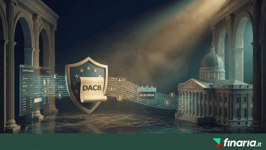 Illustrazione 3D della direttiva DAC8 con scudo UE, flusso di dati crypto e data 2026 che collega un exchange a un edificio dell'autorità fiscale.