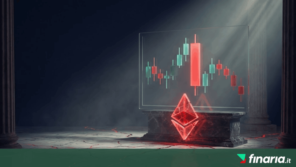 Simbolo Ethereum rosso brillante su un piedistallo di marmo crepato davanti a un grafico a candele ribassista.