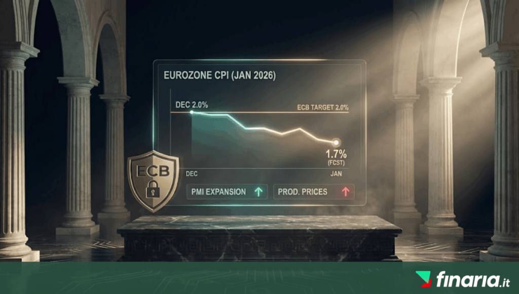 Grafico olografico del CPI Eurozona di gennaio 2026 all'1,7%, sotto il target BCE, con scudo dorato della Banca Centrale Europea e indicatori economici su piedistallo di marmo tra colonne classiche.