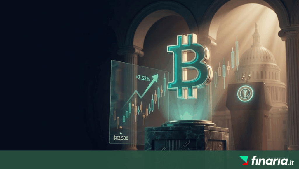 Rendering 3D di un simbolo Bitcoin e grafico rialzista (+3.52% e $62,500) su un piedistallo di marmo, con il podio presidenziale e la cupola del Campidoglio USA sullo sfondo.