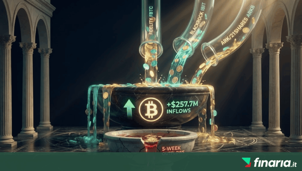 ETF Bitcoin di Fidelity, BlackRock e ARK versano 257,7M$ di afflussi in una vasca di marmo, sopra un bacino rosso di deflussi.