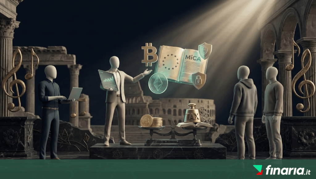 Scena 3D con manichini, Bitcoin dorato, libro MiCA e bilancia su marmo scuro e colonne classiche a Casa Sanremo.