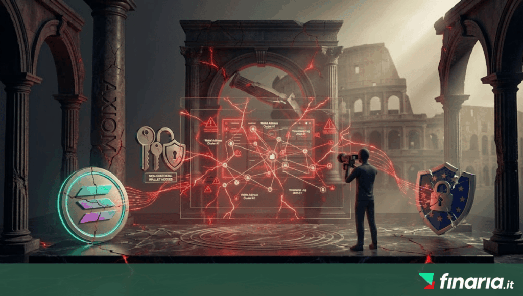 Manichino che scansiona un grafo di wallet Solana esposto e fratturato, tra colonne classiche e un EU shield rotto.