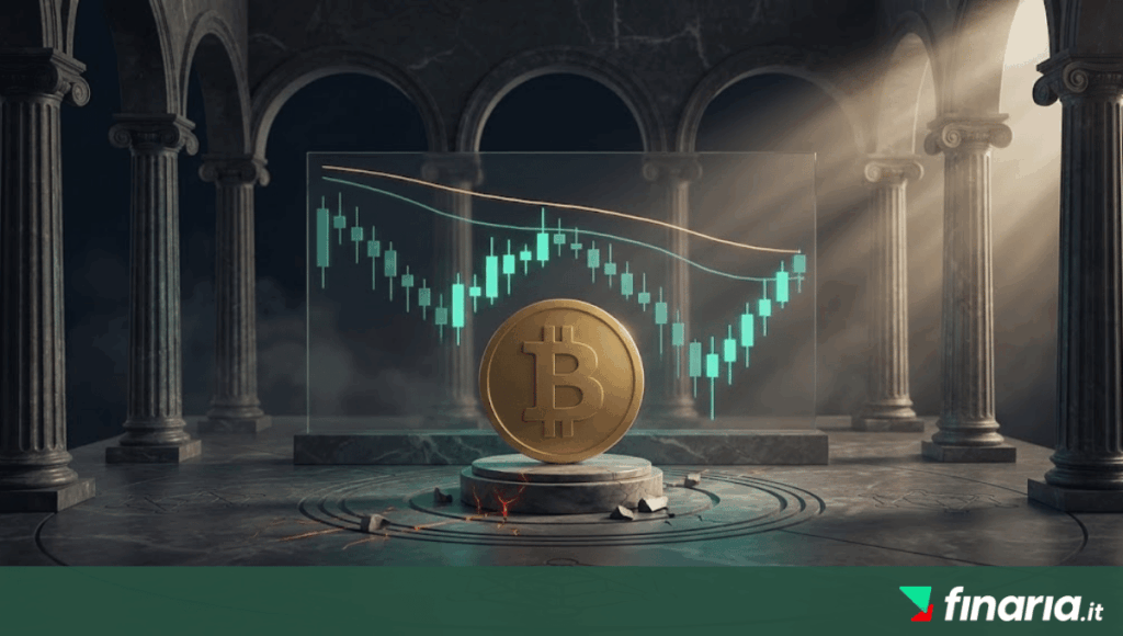 Illustrazione 3D di un Bitcoin dorato su un piedistallo crepato, con un grafico a candela teal dietro, tra archi romani in marmo scuro.