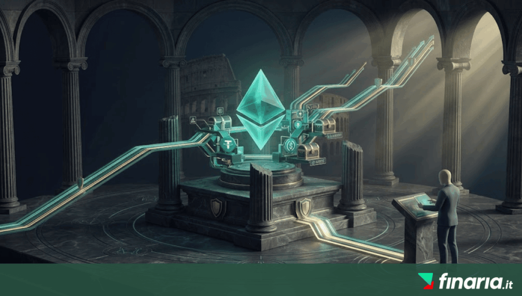 Illustrazione 3D di Ethereum ◇ come un ecosistema infrastrutturale stabile con DeFi engines e data pipelines di upgrade tra colonne classiche.Ecco l'immagine hero generata per l'articolo, perfettamente allineata con la tesi che vede Ethereum come un'infrastruttura strutturale e profonda, non speculativa: