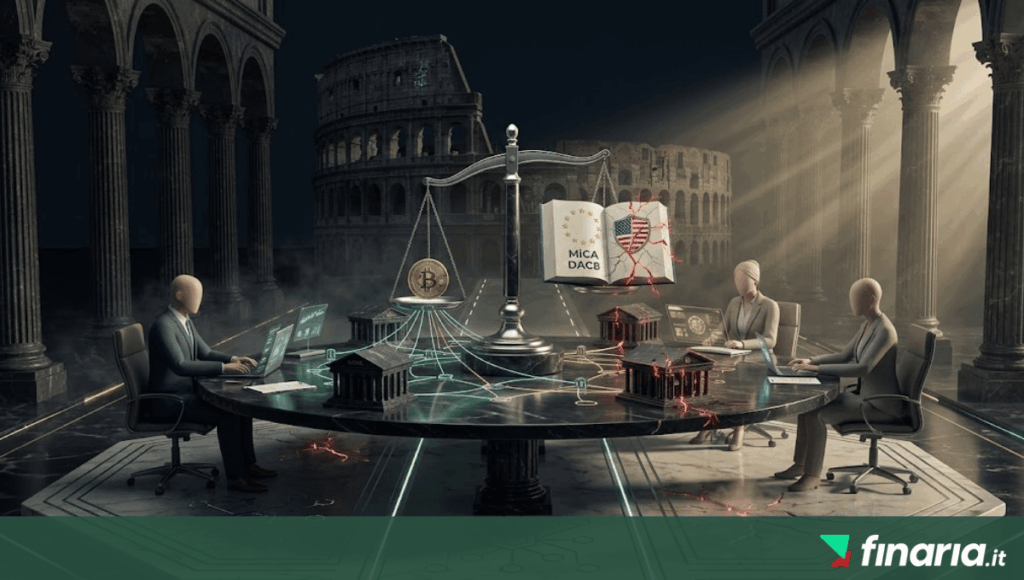 Illustrazione 3D di tre figure istituzionali che analizzano Bitcoin e dati di rischio su marmo scuro e colonne romane.Ecco l'immagine hero generata per l'articolo, perfettamente allineata con l'analisi macroprudenziale dei rischi crypto e la frammentazione normativa.